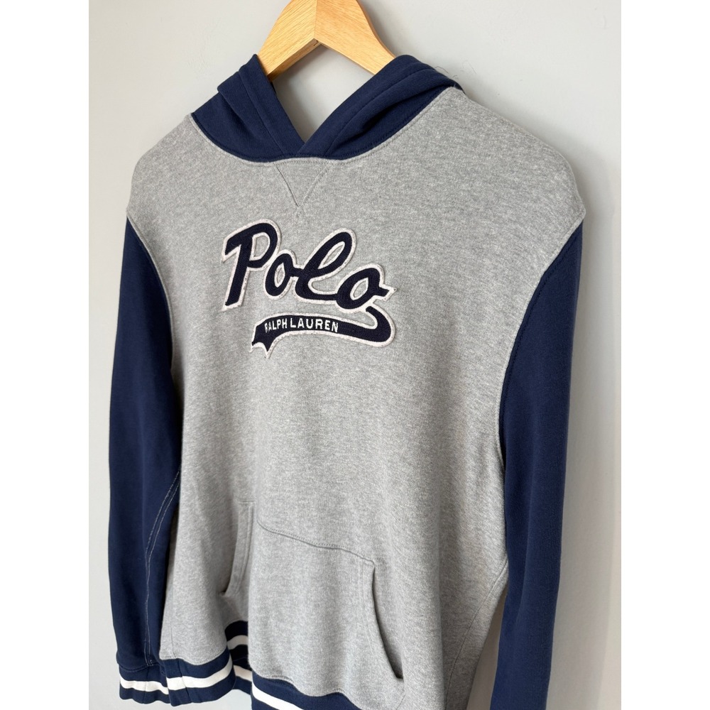 Polo Ralph Lauren Boys XL 18-20 Gray Navy Blue Colorblock Script Logo Hoodie